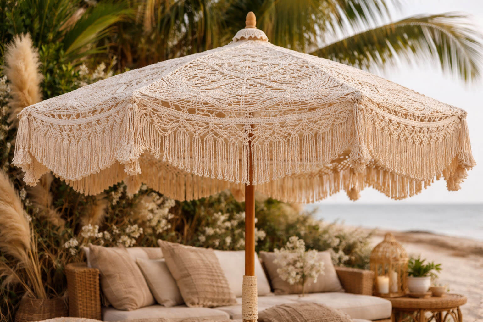 Зонт макраме — стильный акцент для террасы и пляжа.
Лёгкое плетение даёт комфортную тень и создаёт атмосферу boho-комфорта. Прочный каркас, ручная работа и эффектный дизайн — идеально для лаунж-зон, кафе и частных террас.
